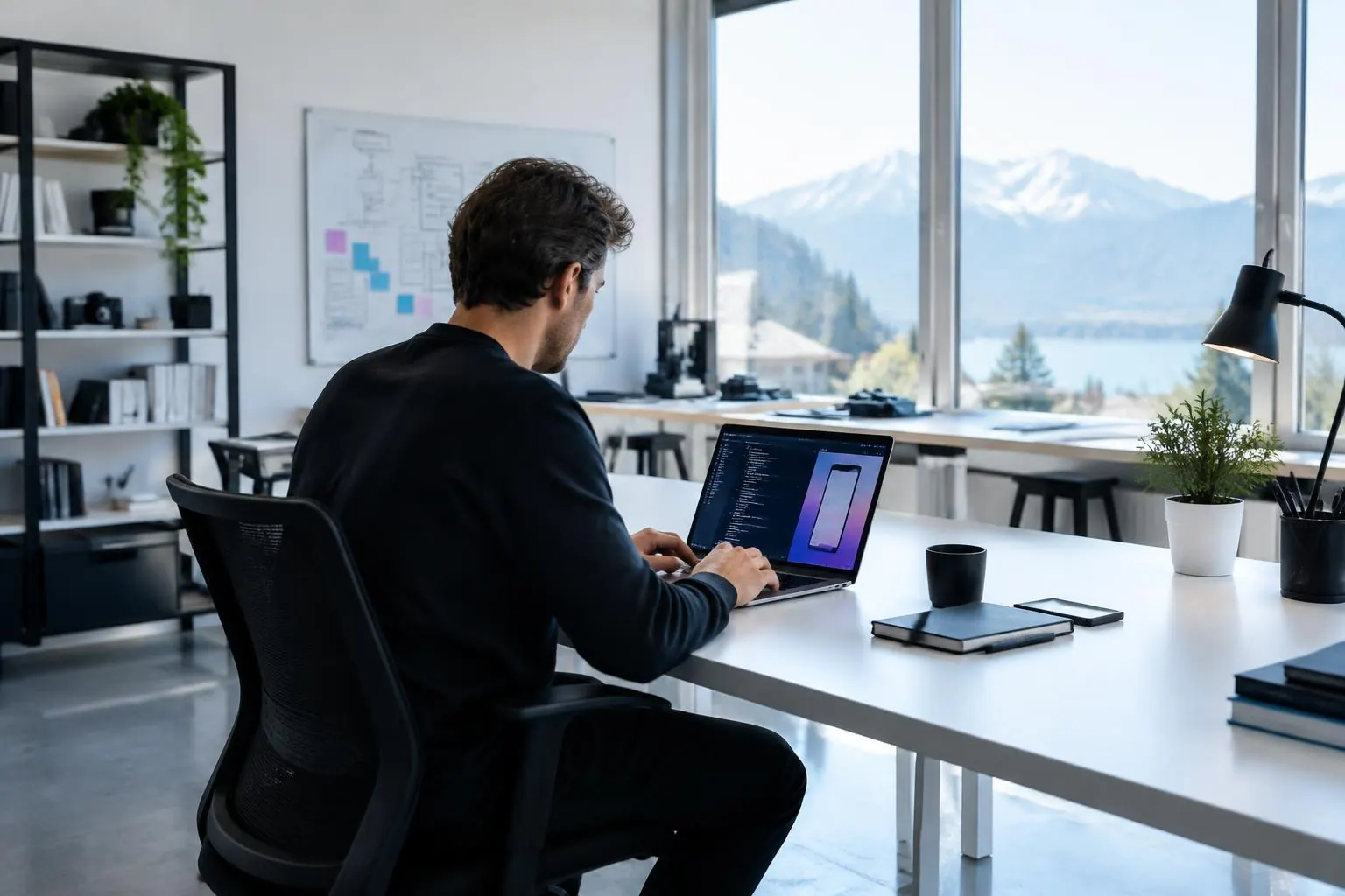 Platzhalter: Kastriot arbeitet an einem Business-Tool am Laptop
